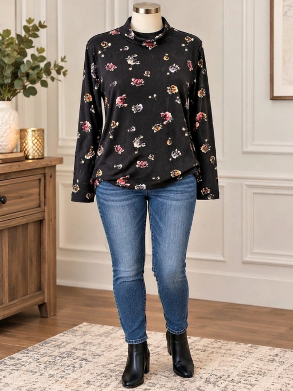 Jules & Leopold Floral Long Sleeve Top in Black